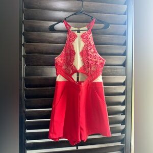 Red & nude/sheer romper - please see some stains in pictures.